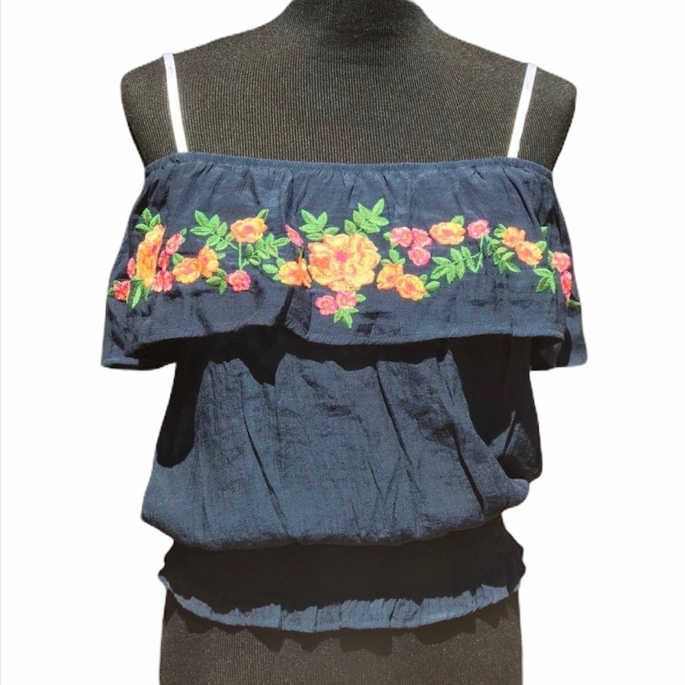 New Lydelle Blue Embroidered Floral Bardot Top S